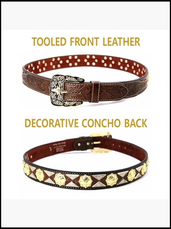 Genuine Leather Western Concho Belt with Tooled Design main image 6